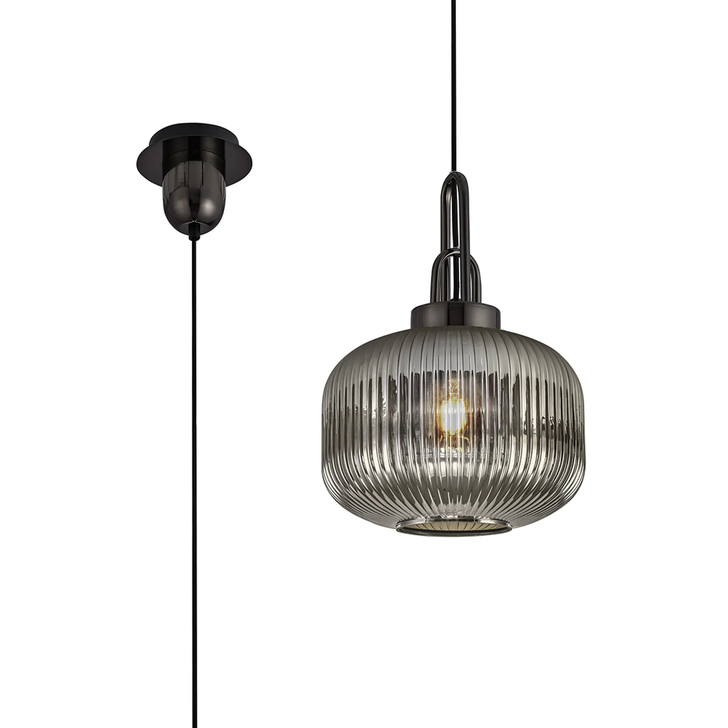 Idolite Camille Pendant, 1 x E27, Black Chrome/Matt Black With 30cm Round Ribbed Smoked Glass