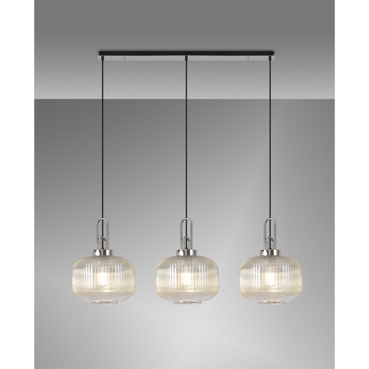 Idolite Camille Polished Nickel 3 Light Linear Bar Pendant With Champagne Ribbed Glasses