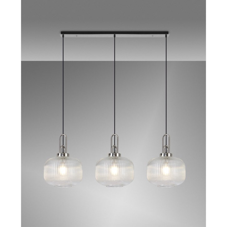 Idolite Camille Polished Nickel 3 Light Linear Bar Pendant With Clear Ribbed Glasses