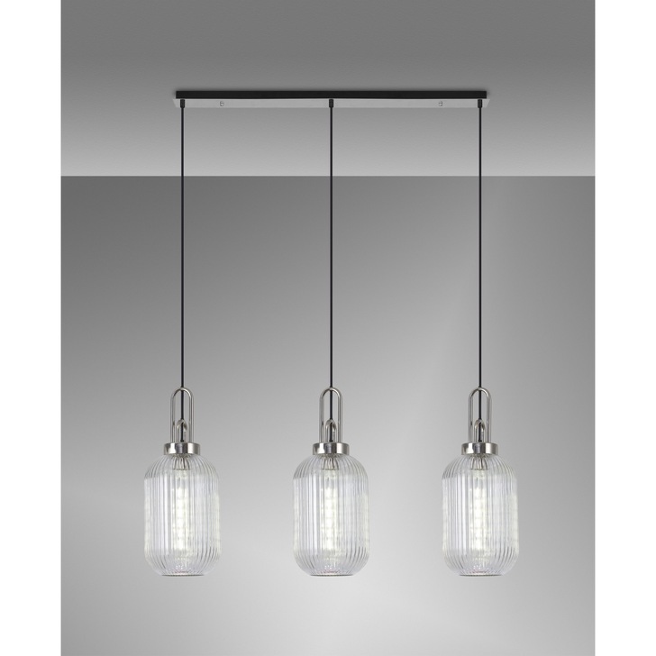 Idolite Camille Polished Nickel 3 Light Linear Bar Pendant With Clear Ribbed Glasses