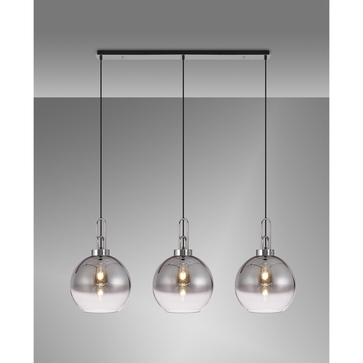 Idolite Camille Polished Nickel 3 Light Linear Bar Pendant With Smoked/Clear Ombre Glass Globes