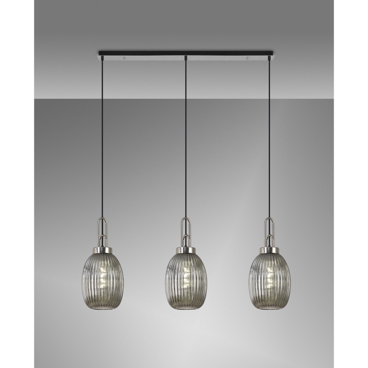 Idolite Camille Polished Nickel 3 Light Linear Bar Pendant With Smoked Ribbed Glasses