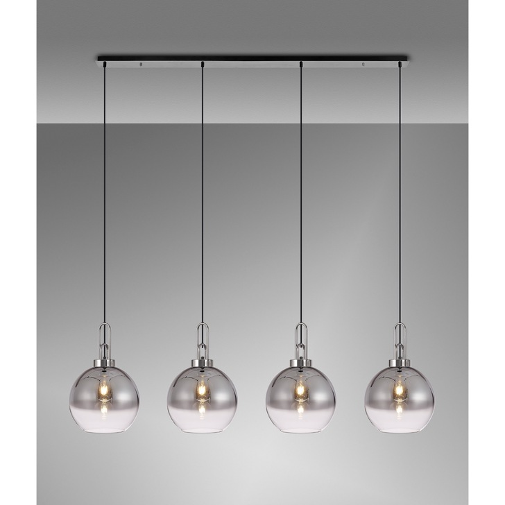 Idolite Camille Polished Nickel 4 Light Linear Bar Pendant With Smoked/Clear Ombre Glass Globes