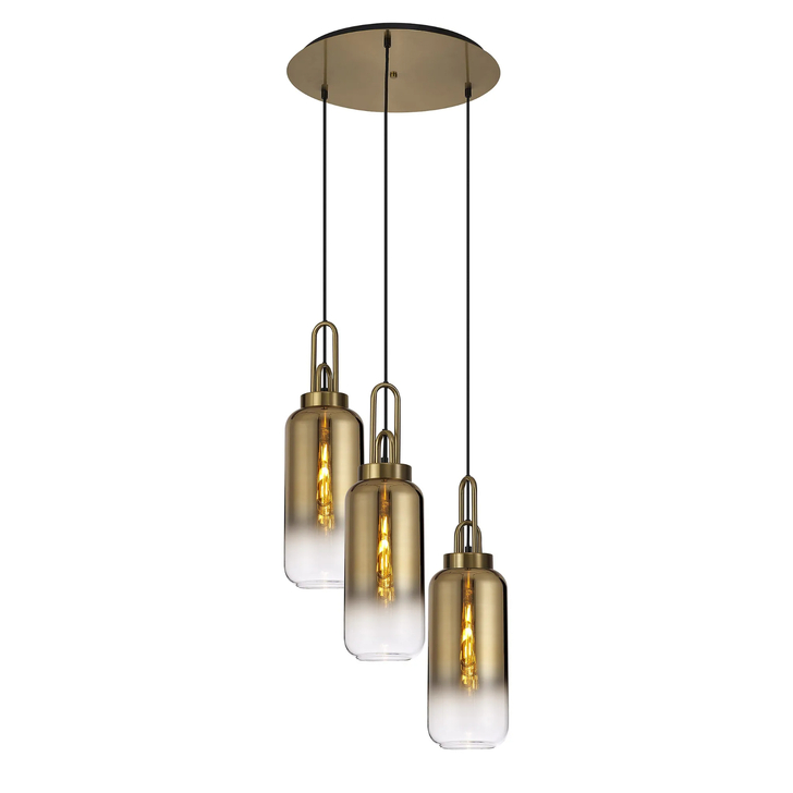 Idolite Camille Round 3 Light Pendant With 16cm Cylinder Glass, Brass Gold/Matt Black Brass Gold/Clear