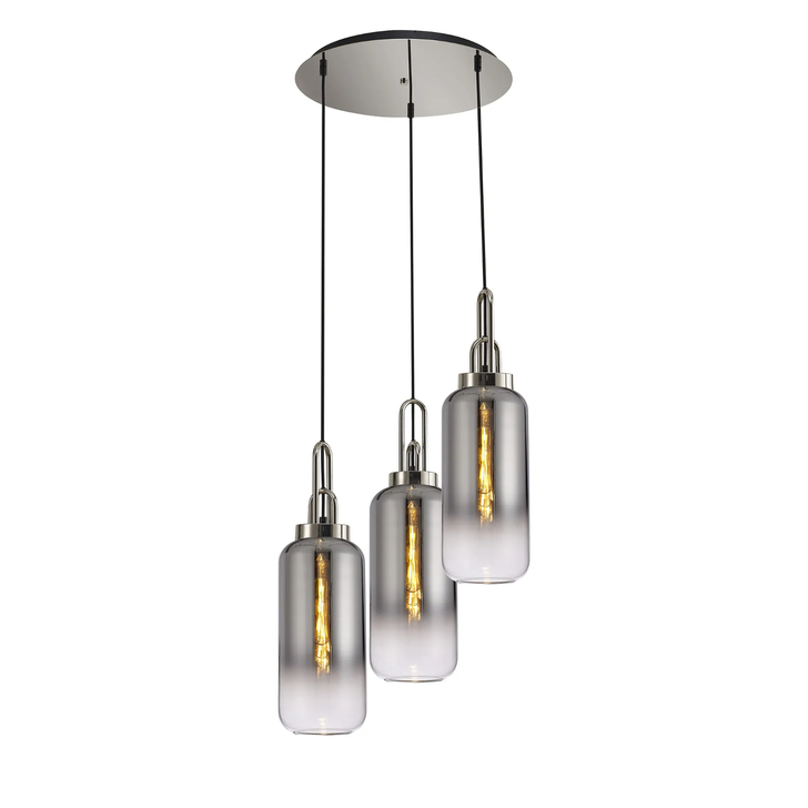 Idolite Camille Round 3 Light Pendant With 16cm Cylinder Glass, Polished Nickel/Matt Black Smoked/Clear