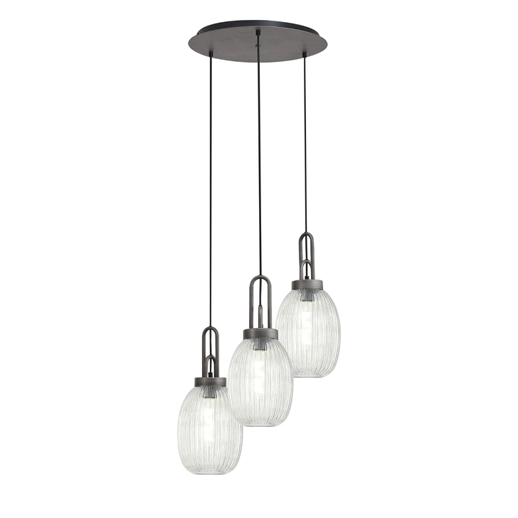 Idolite Camille Round 3 Light Pendant With 20cm Almond Ribbed Glass, Aged Pewter/Matt Black Clear