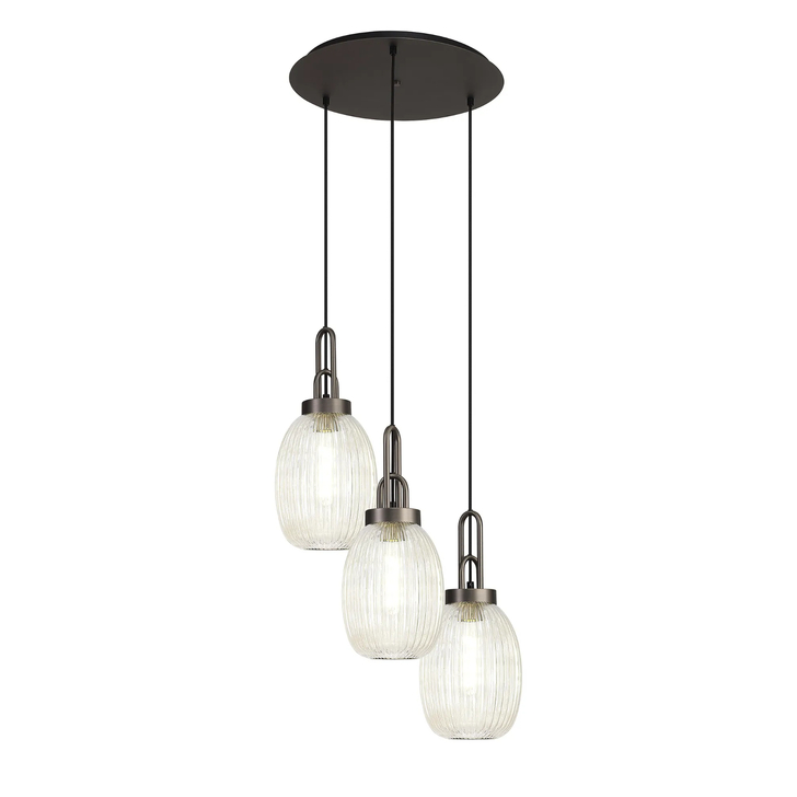 Idolite Camille Round 3 Light Pendant With 20cm Almond Ribbed Glass, Antique Silver/Matt Black Champagne