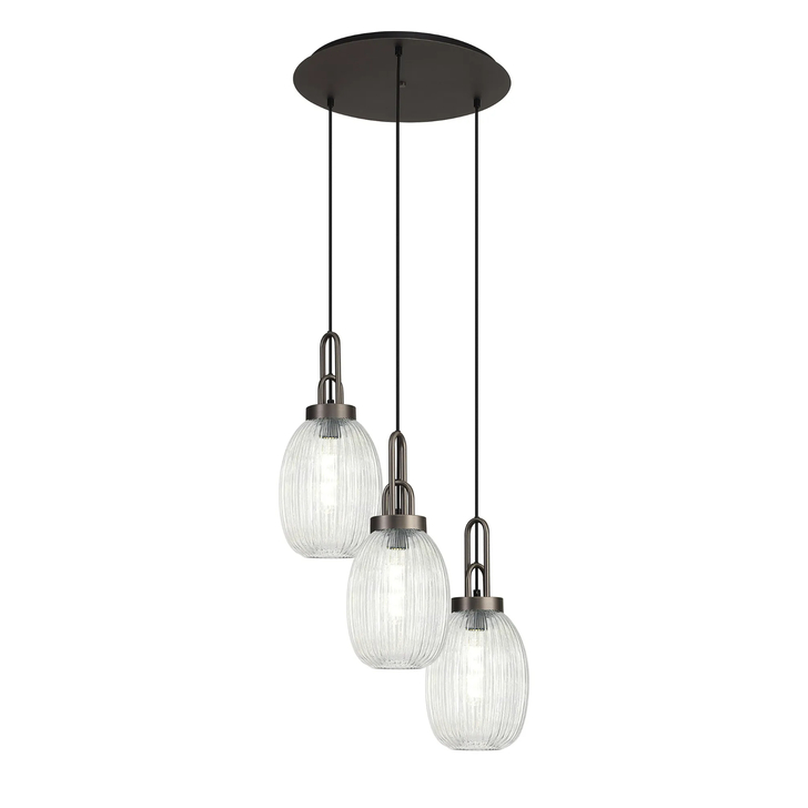 Idolite Camille Round 3 Light Pendant With 20cm Almond Ribbed Glass, Antique Silver/Matt Black Clear