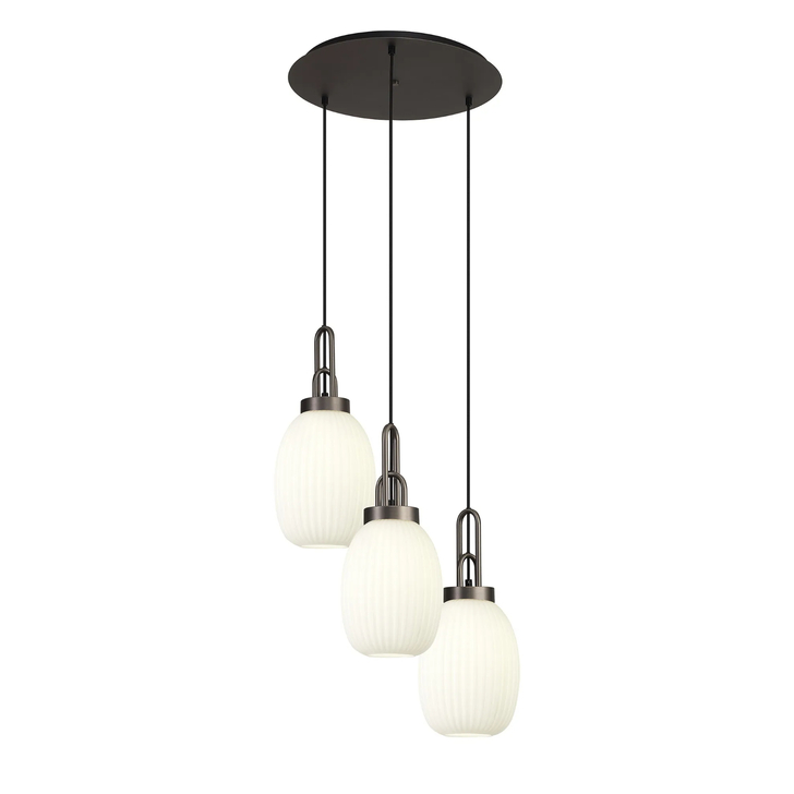 Idolite Camille Round 3 Light Pendant With 20cm Almond Ribbed Glass, Antique Silver/Matt Black Opal