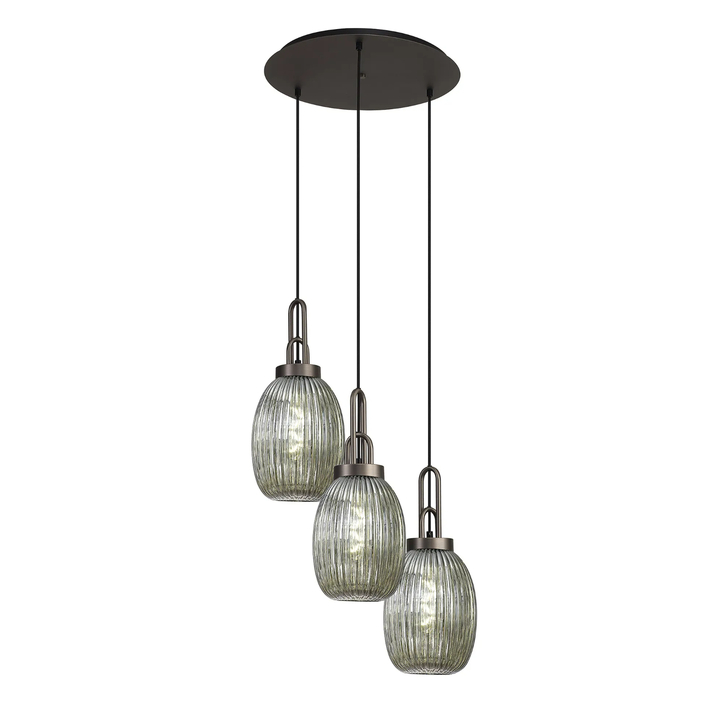 Idolite Camille Round 3 Light Pendant With 20cm Almond Ribbed Glass, Antique Silver/Matt Black Smoked