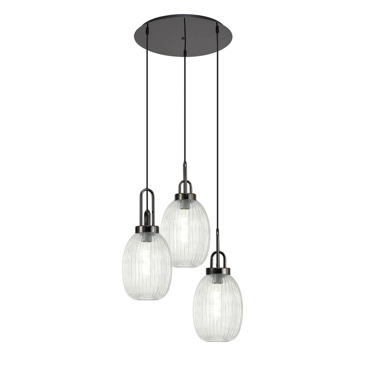 Idolite Camille Round 3 Light Pendant With 20cm Almond Ribbed Glass, Black Chrome/Matt Black Clear