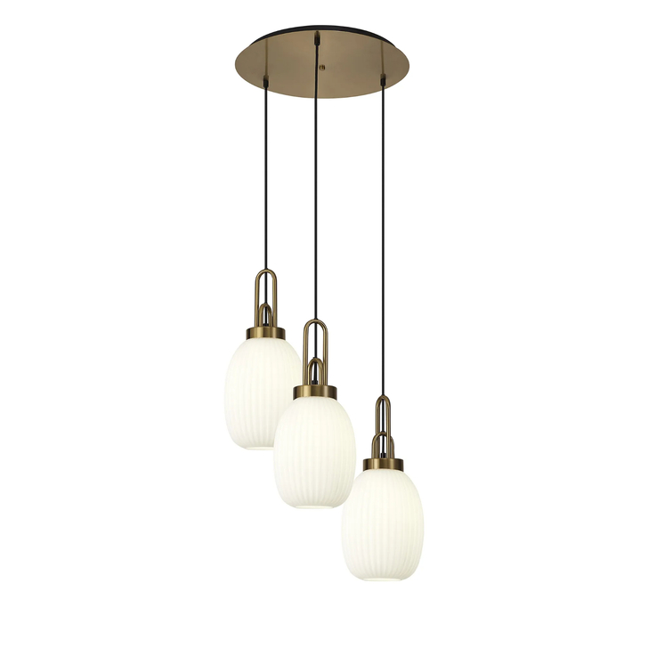 Idolite Camille Round 3 Light Pendant With 20cm Almond Ribbed Glass, Brass Gold/Matt Black Opal