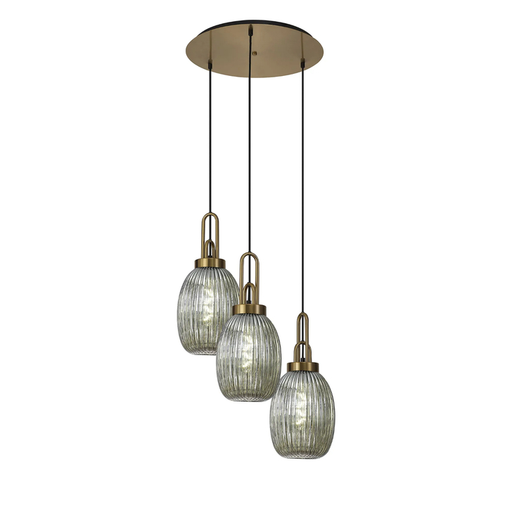 Idolite Camille Round 3 Light Pendant With 20cm Almond Ribbed Glass, Brass Gold/Matt Black Smoked