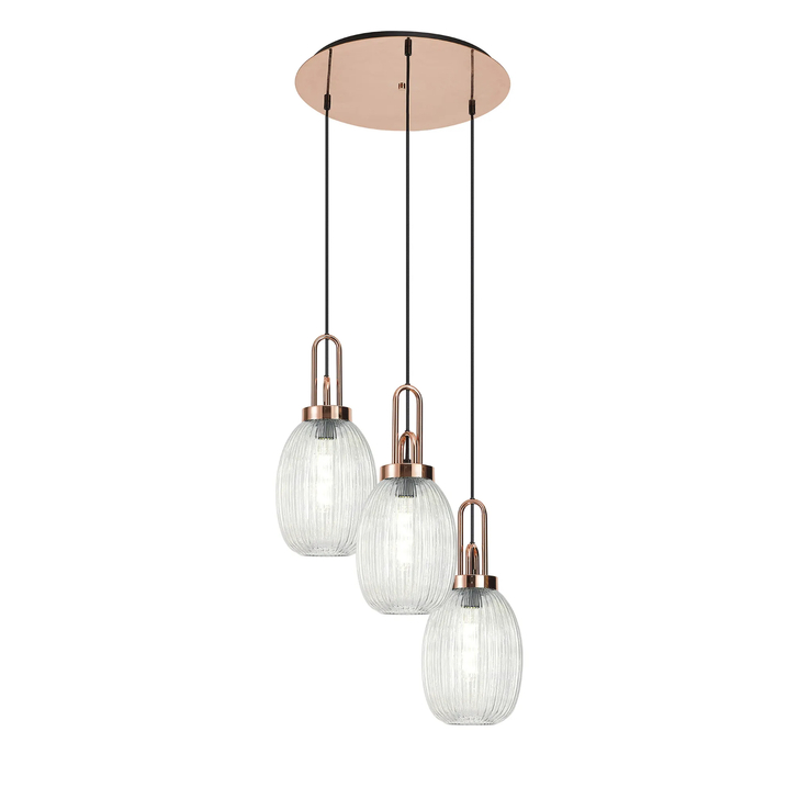 Idolite Camille Round 3 Light Pendant With 20cm Almond Ribbed Glass, Copper/Matt Black Clear