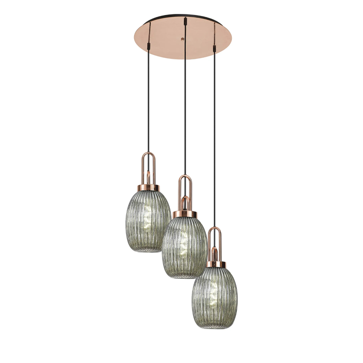 Idolite Camille Round 3 Light Pendant With 20cm Almond Ribbed Glass, Copper/Matt Black Smoked