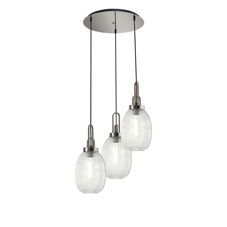 Idolite Camille Round 3 Light Pendant With 20cm Almond Ribbed Glass, Polished Nickel/Matt Black Clear