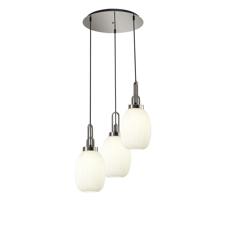 Idolite Camille Round 3 Light Pendant With 20cm Almond Ribbed Glass, Polished Nickel/Matt Black Opal