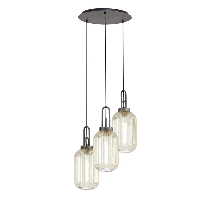 Idolite Camille Round 3 Light Pendant With 20cm Tubular Ribbed Glass, Aged Pewter/Matt Black Champagne