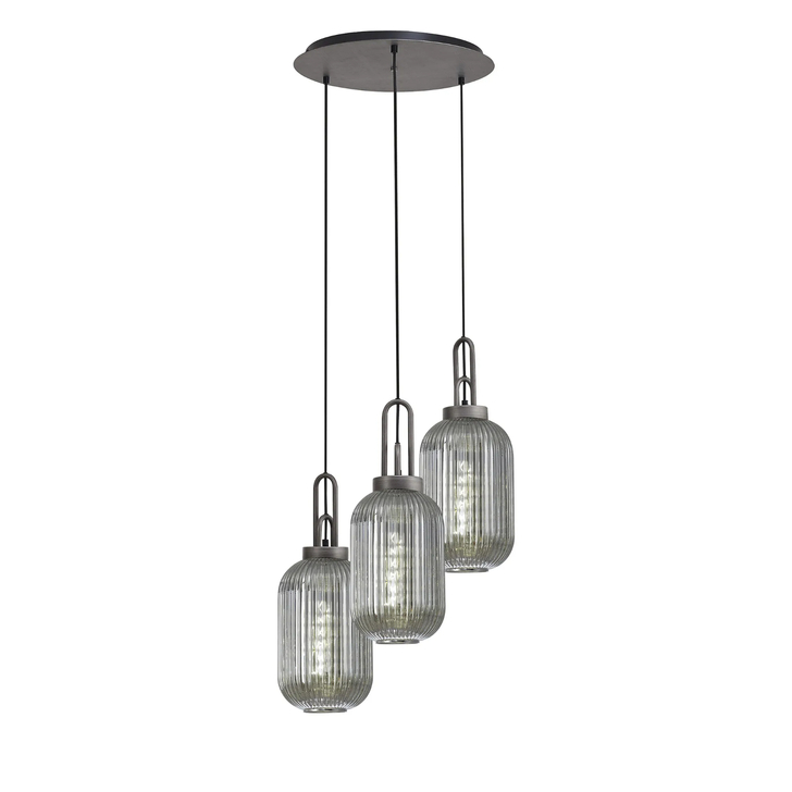 Idolite Camille Round 3 Light Pendant With 20cm Tubular Ribbed Glass, Aged Pewter/Matt Black Smoked