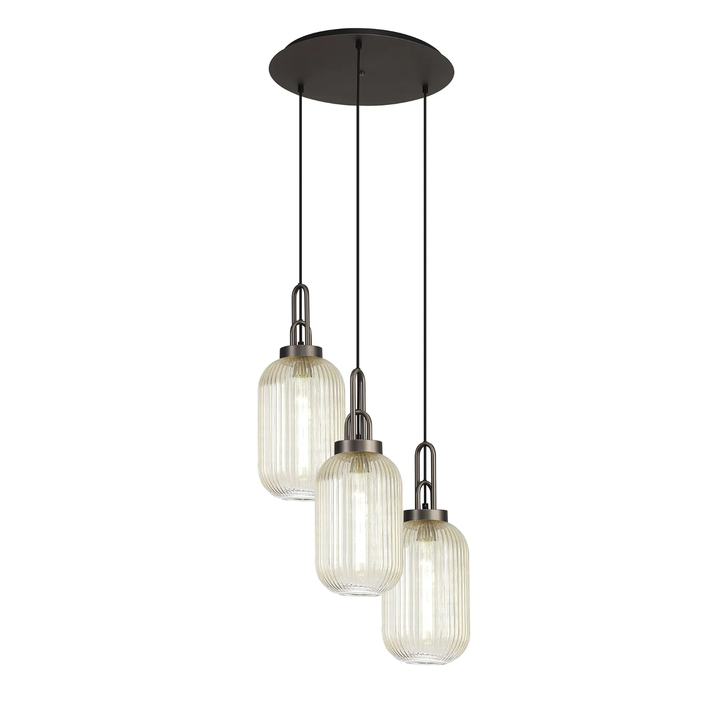 Idolite Camille Round 3 Light Pendant With 20cm Tubular Ribbed Glass, Antique Silver/Matt Black Champagne