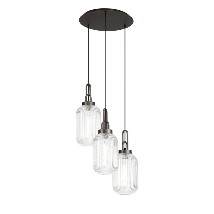 Idolite Camille Round 3 Light Pendant With 20cm Tubular Ribbed Glass, Antique Silver/Matt Black Clear