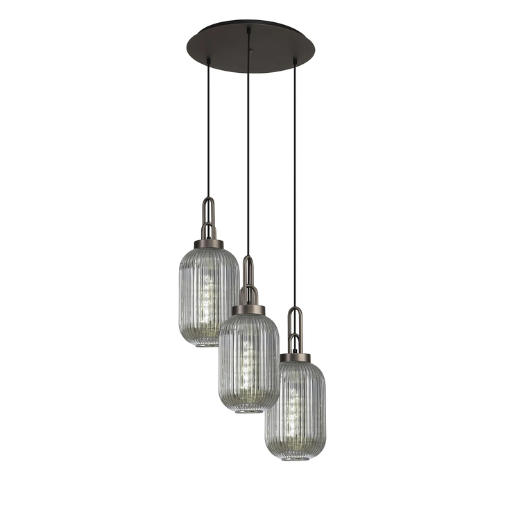 Idolite Camille Round 3 Light Pendant With 20cm Tubular Ribbed Glass, Antique Silver/Matt Black Smoked