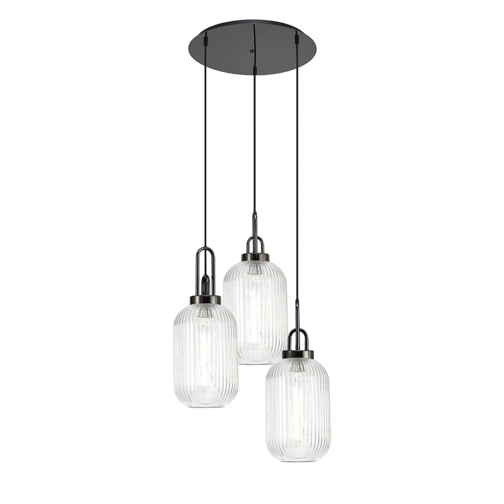 Idolite Camille Round 3 Light Pendant With 20cm Tubular Ribbed Glass, Black Chrome/Matt Black Clear