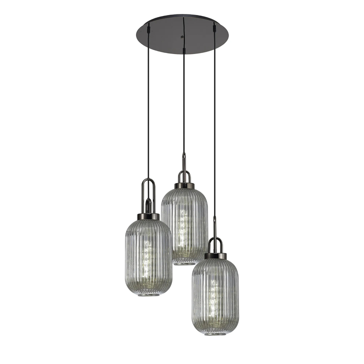 Idolite Camille Round 3 Light Pendant With 20cm Tubular Ribbed Glass, Black Chrome/Matt Black Smoked