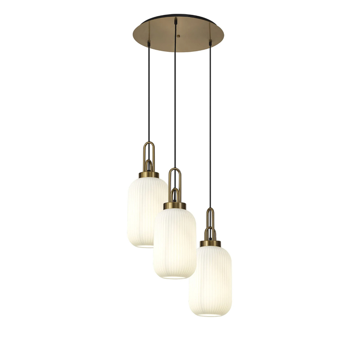 Idolite Camille Round 3 Light Pendant With 20cm Tubular Ribbed Glass, Brass Gold/Matt Black Opal