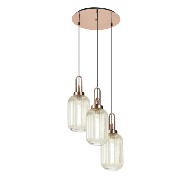 Idolite Camille Round 3 Light Pendant With 20cm Tubular Ribbed Glass, Copper/Matt Black Champagne