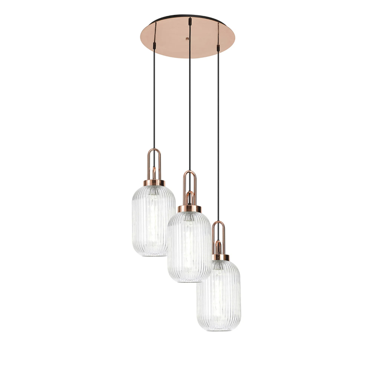 Idolite Camille Round 3 Light Pendant With 20cm Tubular Ribbed Glass, Copper/Matt Black Clear