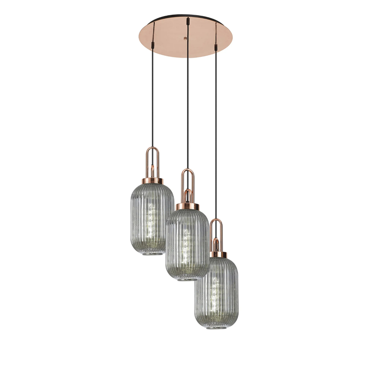 Idolite Camille Round 3 Light Pendant With 20cm Tubular Ribbed Glass, Copper/Matt Black Smoked