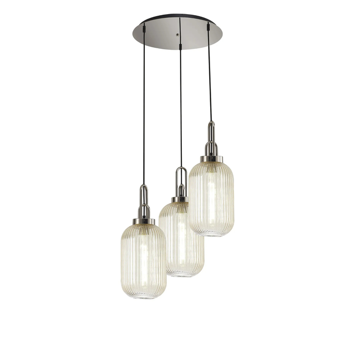 Idolite Camille Round 3 Light Pendant With 20cm Tubular Ribbed Glass, Polished Nickel/Matt Black Champagne