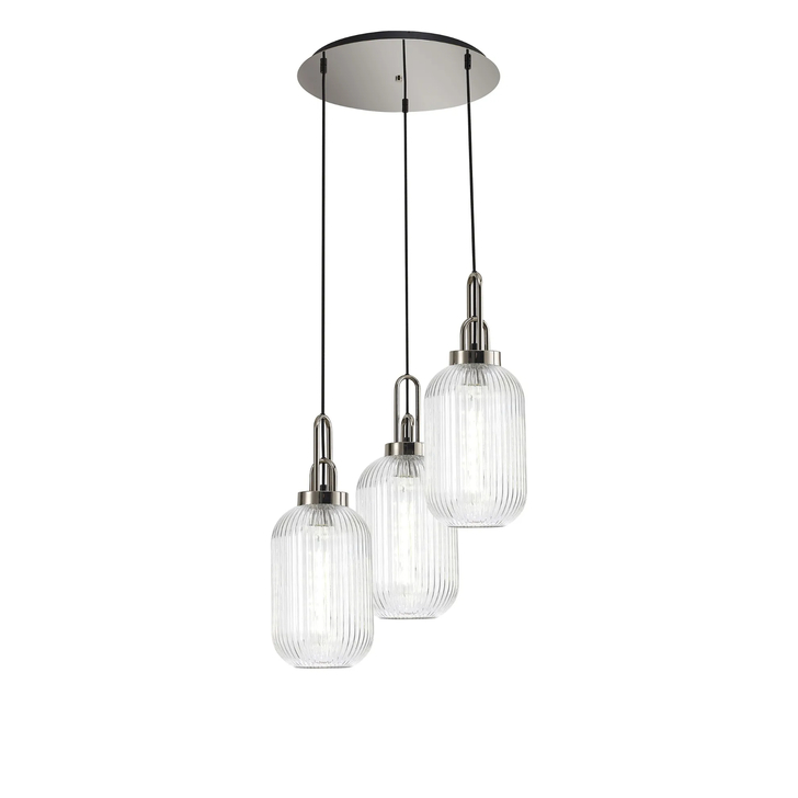 Idolite Camille Round 3 Light Pendant With 20cm Tubular Ribbed Glass, Polished Nickel/Matt Black Clear