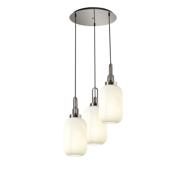 Idolite Camille Round 3 Light Pendant With 20cm Tubular Ribbed Glass, Polished Nickel/Matt Black Opal