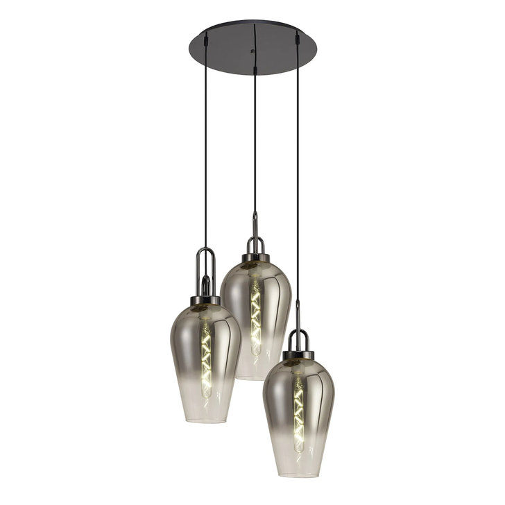 Idolite Camille Round 3 Light Pendant With 23cm Pear Glass, Black Chrome/Matt Black Smoked/Clear