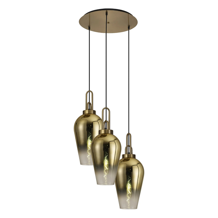 Idolite Camille Round 3 Light Pendant With 23cm Pear Glass, Brass Gold/Matt Black Brass Gold/Clear