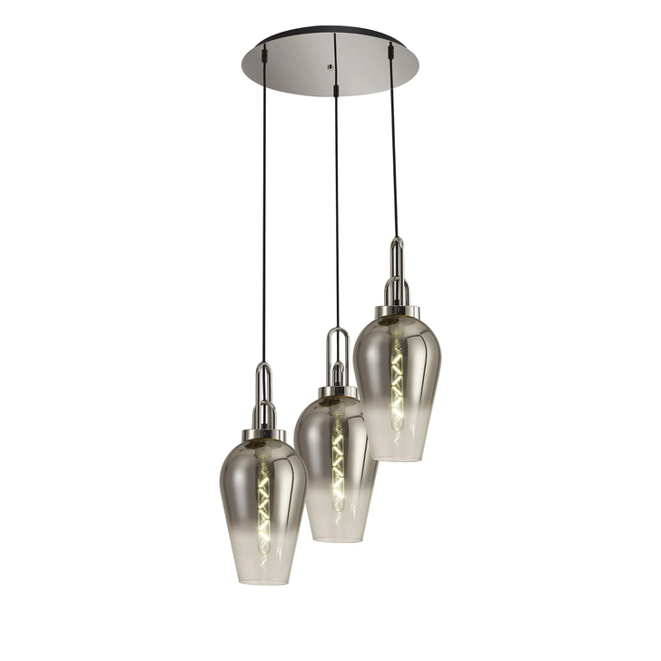 Idolite Camille Round 3 Light Pendant With 23cm Pear Glass, Polished Nickel/Matt Black Smoked/Clear