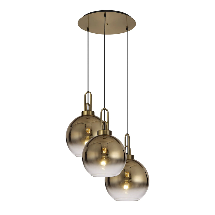 Idolite Camille Round 3 Light Pendant With 30cm Globe Glass, Brass Gold/Matt Black Brass Gold/Clear