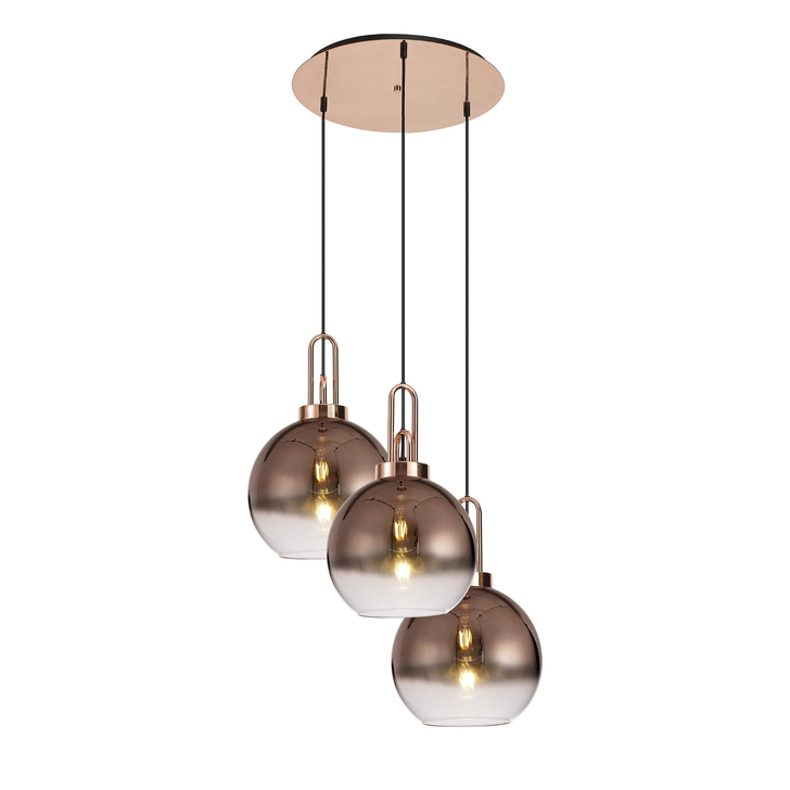 Idolite Camille Round 3 Light Pendant With 30cm Globe Glass, Copper/Matt Black Copper/Clear