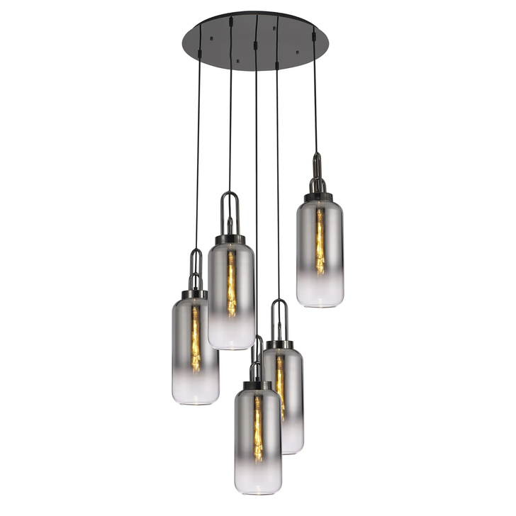 Idolite Camille Round 5 Light Pendant With 16cm Cylinder Glass, Black Chrome/Matt Black Smoked/Clear