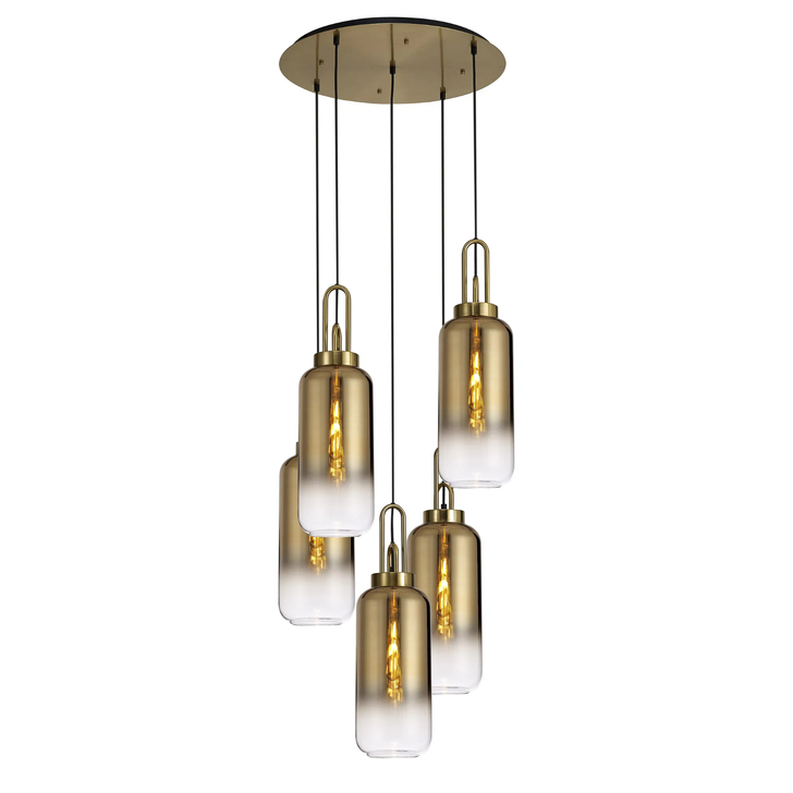 Idolite Camille Round 5 Light Pendant With 16cm Cylinder Glass, Brass Gold/Matt Black Brass Gold/Clear