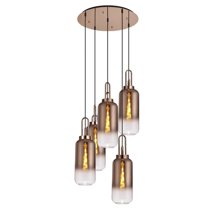 Idolite Camille Round 5 Light Pendant With 16cm Cylinder Glass, Copper/Matt Black Copper/Clear