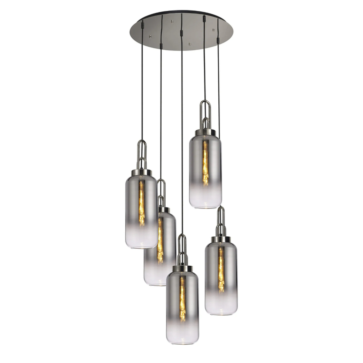 Idolite Camille Round 5 Light Pendant With 16cm Cylinder Glass, Polished Nickel/Matt Black Smoked/Clear