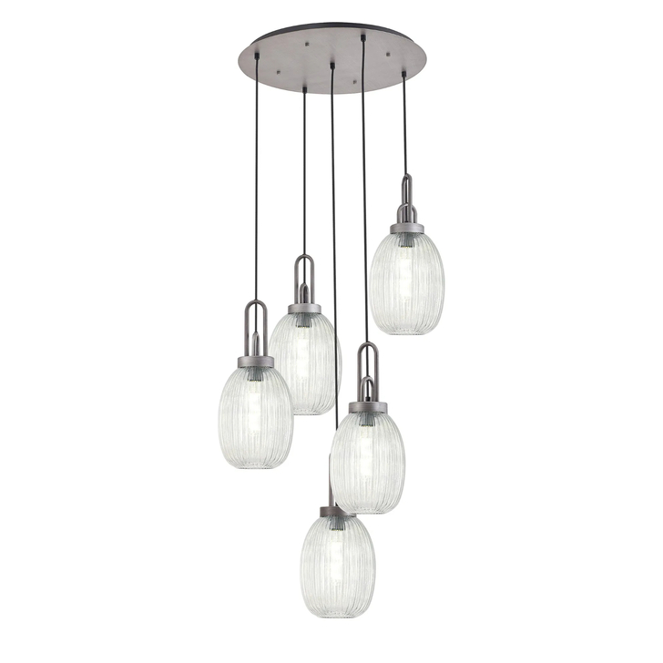 Idolite Camille Round 5 Light Pendant With 20cm Almond Ribbed Glass, Aged Pewter/Matt Black Clear
