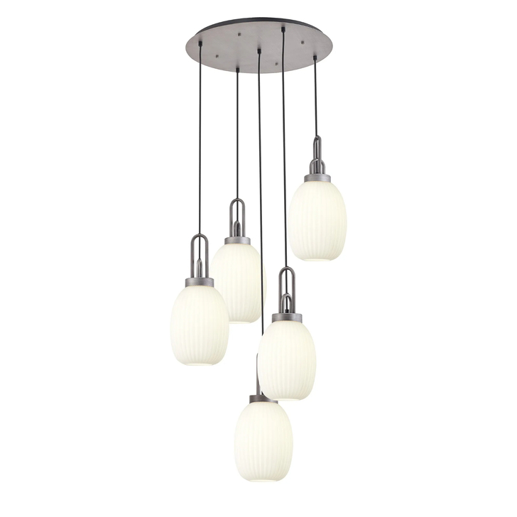 Idolite Camille Round 5 Light Pendant With 20cm Almond Ribbed Glass, Aged Pewter/Matt Black Opal