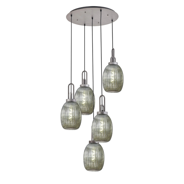 Idolite Camille Round 5 Light Pendant With 20cm Almond Ribbed Glass, Aged Pewter/Matt Black Smoked