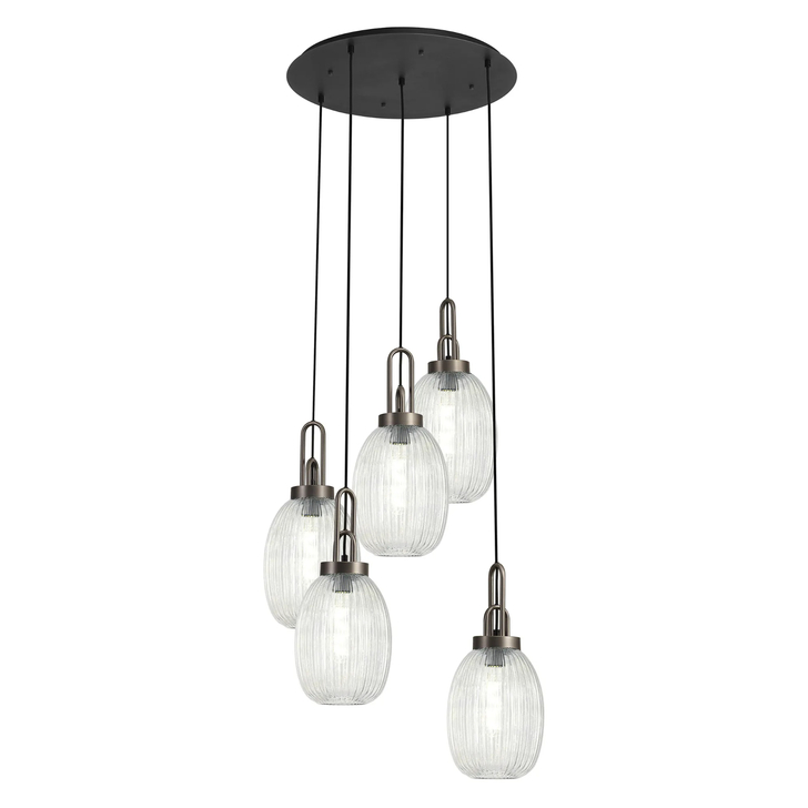 Idolite Camille Round 5 Light Pendant With 20cm Almond Ribbed Glass, Antique Silver/Matt Black Clear