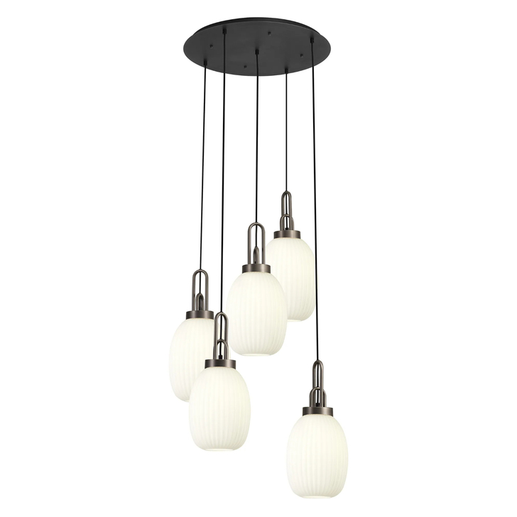 Idolite Camille Round 5 Light Pendant With 20cm Almond Ribbed Glass, Antique Silver/Matt Black Opal