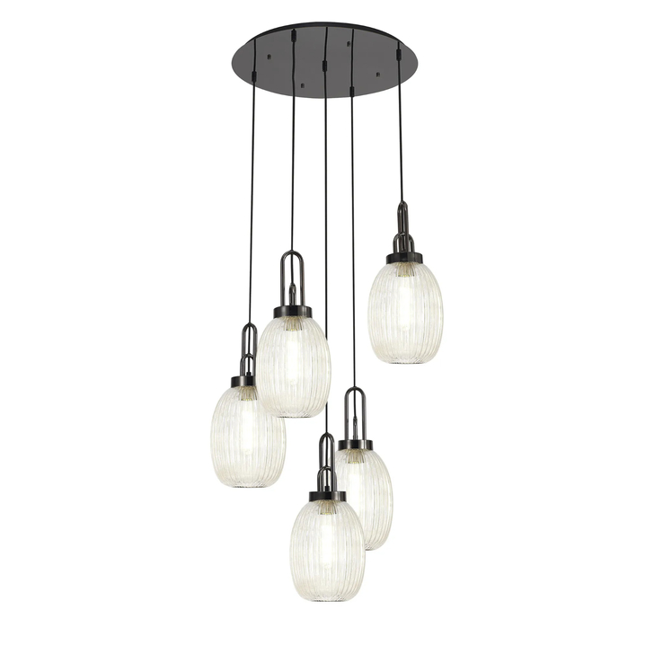 Idolite Camille Round 5 Light Pendant With 20cm Almond Ribbed Glass, Black Chrome/Matt Black Champagne